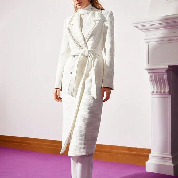 White Elegant Women's Belted Pearl Trim Tweed Coat - Picture 8 of 9